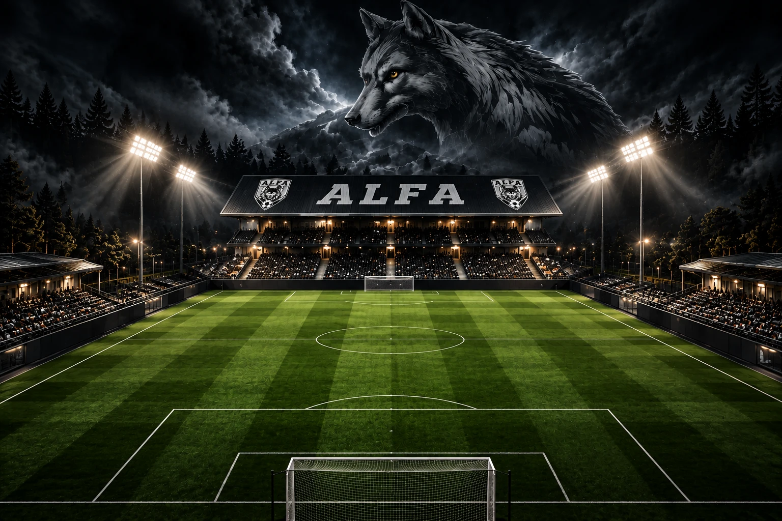 Kurt figürünün altında, ALFA tribünlü ve projektörlerle aydınlatılmış futbol sahası